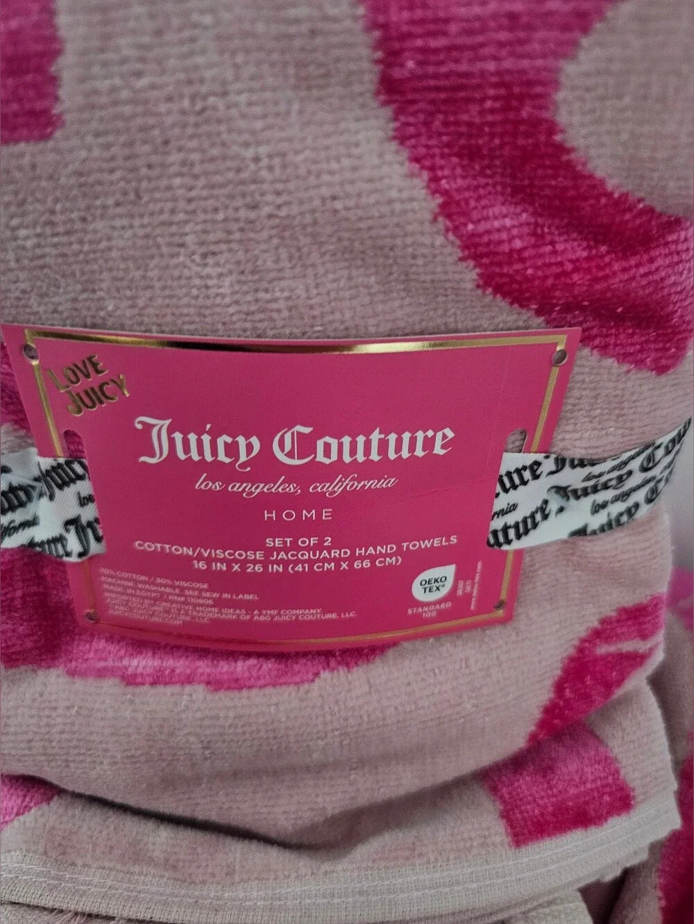 NWT Cream & Bright Pink Juicy Couture 4 Piece Bath/Hand Towel Set! Bows Hearts!